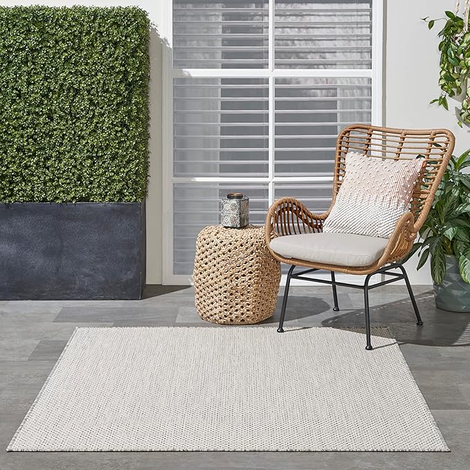 Nourison Courtyard Indoor/Outdoor Ivory/Silver 5' x Square Area Rug, Easy Cleaning, Non Shedding, Bed Room, Living Room, Dining Room, Backyard, Deck, Patio (5 Square)