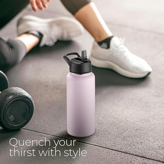 SipX™ Triple-Insulated Stainless Steel Water Bottle 32oz. With 3 Lids, BPA-Free Reusable Insulated Water Bottle Keeps Cold 24 Hours, Metal Water Bottle Made Of Sustainable Material For Hiking & Biking