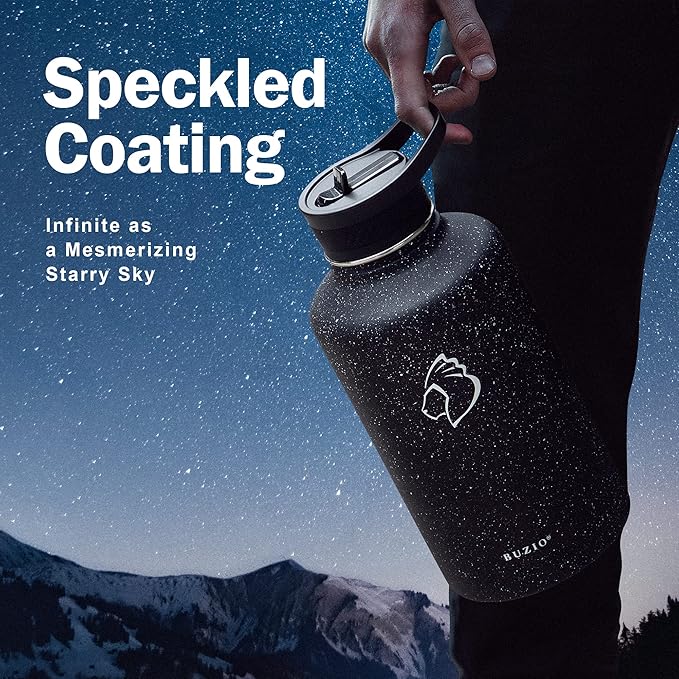 BUZIO Water Bottle with Straw lid, Spout Lid, Hand Lid and Carrying Pouch, 32oz 40oz 64oz Stainless Steel Water Flask Jug, Cold for 48 Hrs Hot for 24 Hrs Double Vacuum Thermo Canteen Mug, BPA-Free