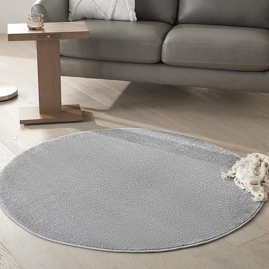 Nourison Essentials Solid Contemporary Silver Grey 4' Round Area Rug , 4' X Round