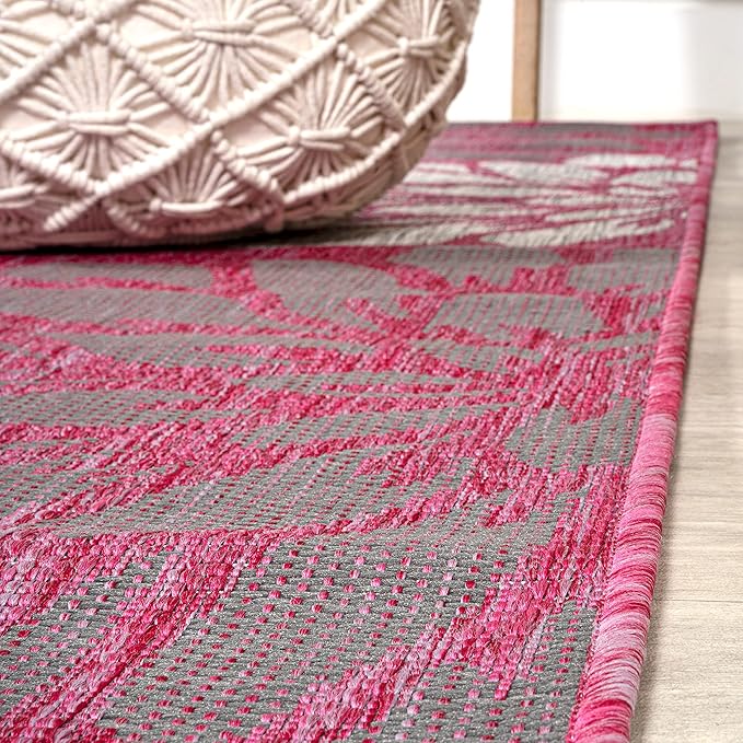 JONATHAN Y SMB110F-5R Zinnia Modern Floral Textured Weave Indoor Outdoor Area Rug, Country Coastal Contemporary Easy Cleaning,Bedroom,Kitchen,Backyard,Patio, Fuchsia/Light Gray, 5' Round