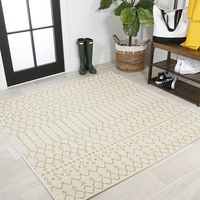 JONATHAN Y SMB108M-5SQ Ourika Moroccan Geometric Textured Weave Indoor Outdoor Area Rug, Coastal,Traditional,Transitional Easy Clean,Bedroom,Kitchen,Backyard,Patio, Non-Shed, Cream/Green, 5' Square