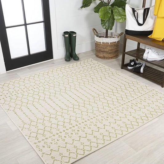 JONATHAN Y SMB108M-5SQ Ourika Moroccan Geometric Textured Weave Indoor Outdoor Area Rug, Coastal,Traditional,Transitional Easy Clean,Bedroom,Kitchen,Backyard,Patio, Non-Shed, Cream/Green, 5' Square