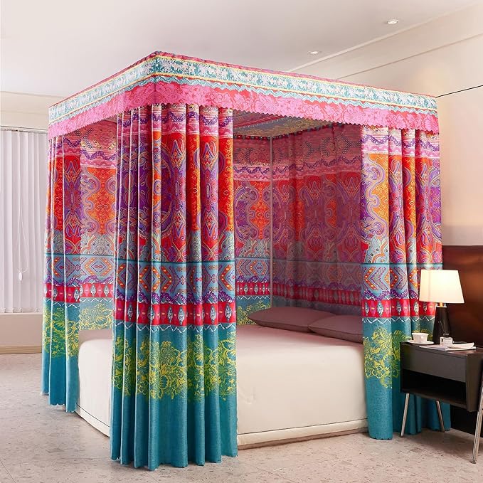 Canopy Bed Curtains 4 Corners Post Bed Canopy Curtains Queen Bed Curtain Drapes Bed Canopy for Adults & Girls Bedroom Decoration (Queen)