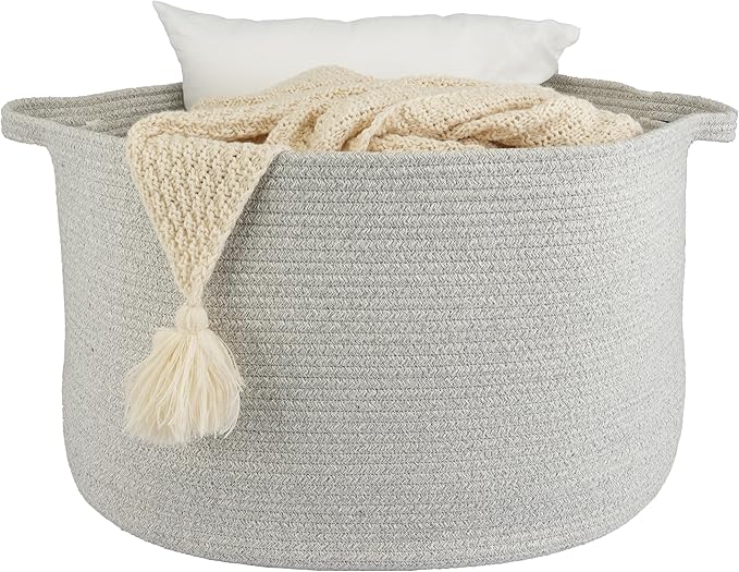 Large Cotton Rope Basket Blankets Basket Living Room 22"x14" Toy Basket for Kids and Dogs Rope Storage Basket for Nursery Woven Laundry Basket for Clothes Towels Baby Toy Storage round grey