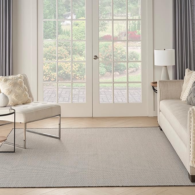 Nourison Courtyard Indoor/Outdoor Ivory/Charcoal 6' x 6' Square Area Rug, Easy Cleaning, Non Shedding, Bed Room, Living Room, Dining Room, Backyard, Deck, Patio (6 Square)