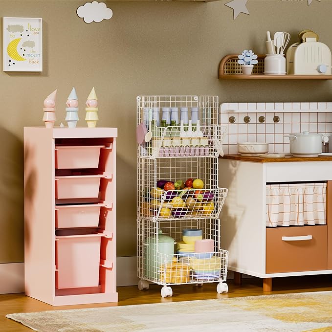 Sonyabecca Toy Organizer Basket Shelf with Wheel, S-Hooks, Rolling Cart Hanging Storage Baskets for Child Room, Playroom, Bedroom, Kitchen (White)