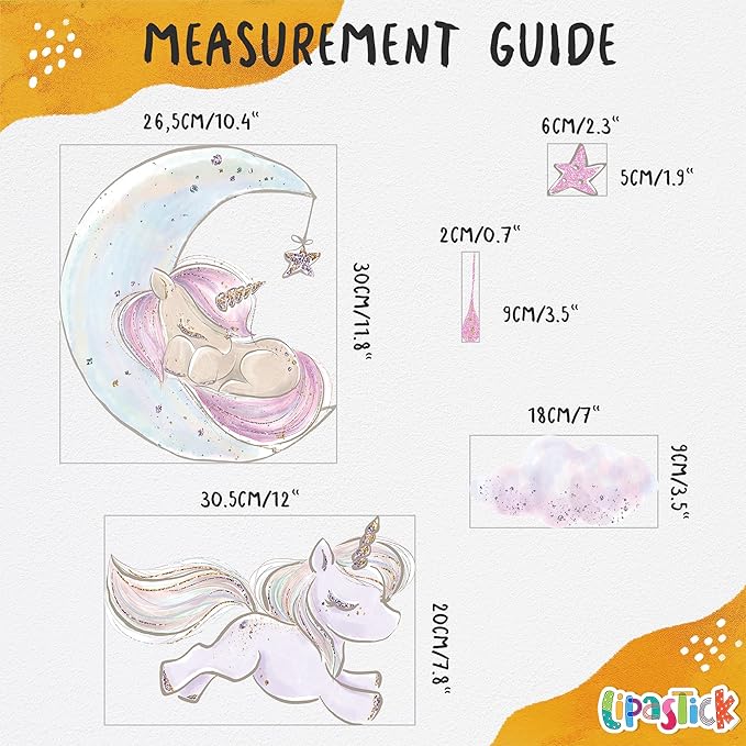 Unicorn Wall Decals for Kids by Lipastick - Unicorn Wall Stickers Peel and Stick - Wall Decals for Girls Kids Baby Nursery Bedroom - Kids Colorful Decals Glittered Moon Stars Clouds S Size