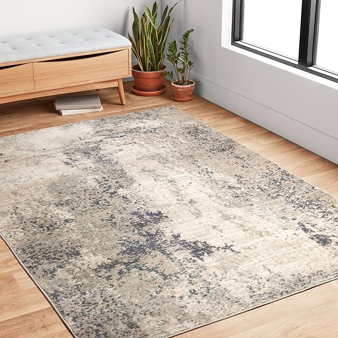 Loloi II Teagan Collection TEA-07 Natural/Denim 3'-4" x 5'-7", .25" Thick, Accent Rug, Soft, Durable, Neutral, Woven, Low Pile, Non-Shedding, Easy Clean, Living Room Rug