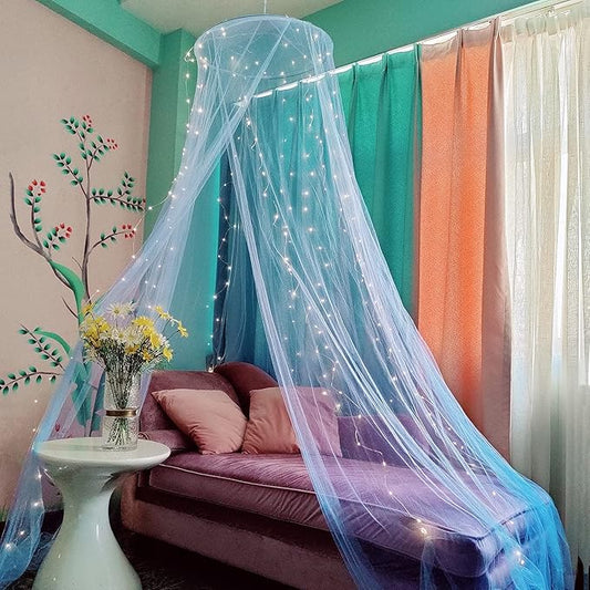 Eimilaly Bed Canopy Mosquito Net with 250pcs Warm White Curtain Lights, Bed Canopy for Girls Room Decor or Theme Party, Blue/Warm White Lights