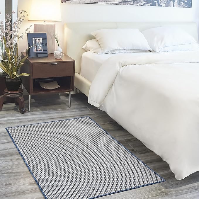 Nourison Courtyard Indoor/Outdoor Ivory Blue 3' x 5' Area Rug, Geometric, Easy Cleaning, Non Shedding, Bed Room, Living Room, Dining Room, Deck, Patio, Backyard (3x5)