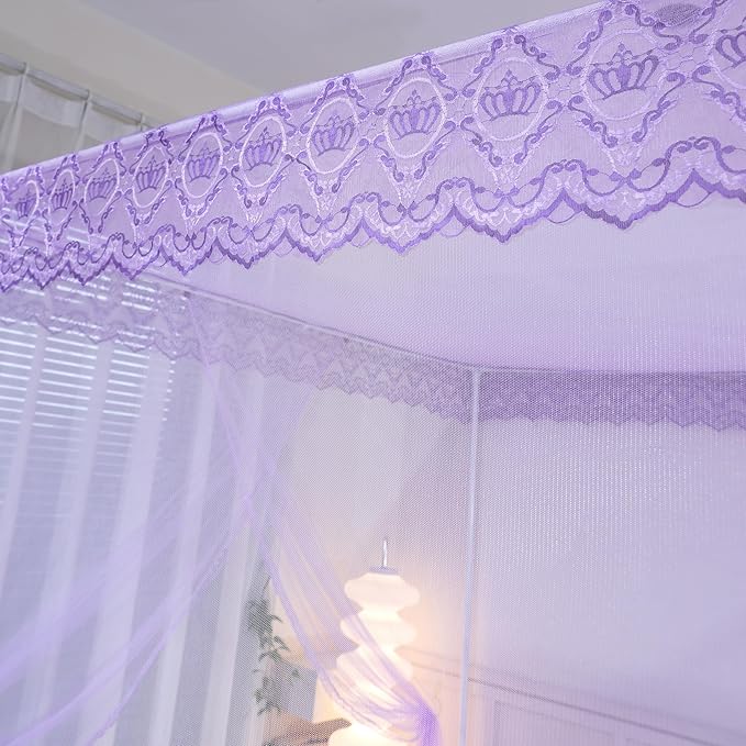 Bed Canopy, Princess Bed Curtain Net for Girls & Adults,Three-Doors Rectangle Lace Dome Netting (Purple, King)