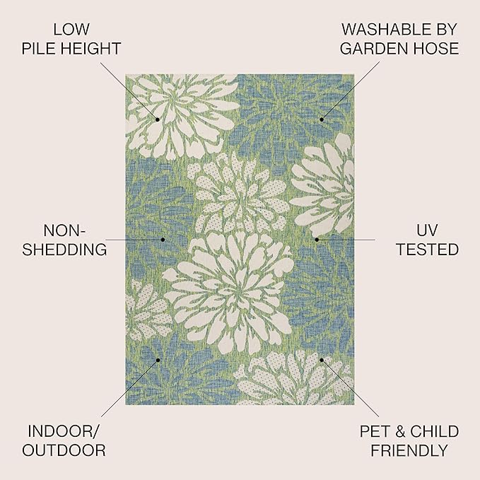 JONATHAN Y SMB110D-3 Zinnia Modern Floral Textured Weave Indoor Outdoor Area-Rug, Bohemian Coastal Mediterranean Easy-Cleaning,Bedroom,Kitchen,Backyard,Patio,Non Shedding, 3 X 5, Cream/Green