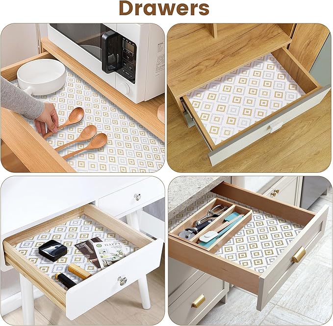 Shelf Liners for Kitchen Cabinets 15in X 15FT, Non Adhesive Cabinet Liner Strong Non-Slip Thickened Gold Geometric Drawer Liner, Washable Liner Easy to Clean for Shelf