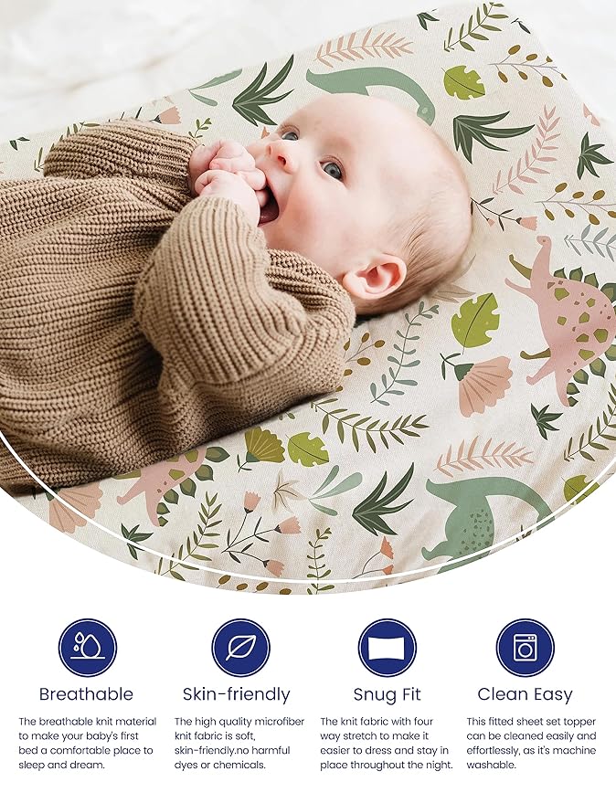 TotAha Premium Soft Dinosaur Changing Pad Cover, Stretchy Jersey Knit Changing Table Cover, Ultra Breathable Diaper Changing Pad Cover for Baby Girls Boys, 2 Pack