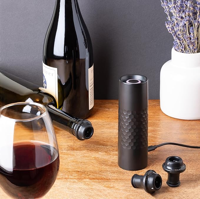 Levare Rechargeable Wine Saver Vacuum Pump Sealer - USB-C Charger, 4 Universal Bottle Stopper Plugs - Prolong Wine Freshness Effortlessly for Days After Uncorking
