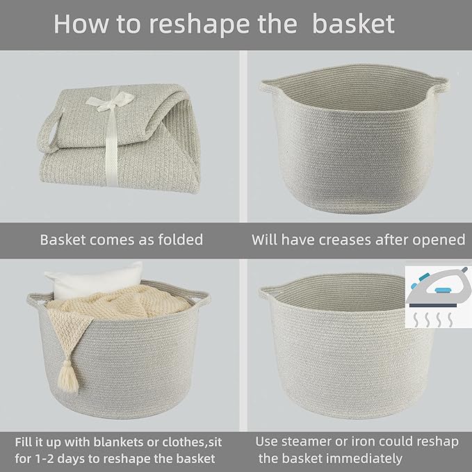 Large Cotton Rope Basket Blankets Basket Living Room 22"x14" Toy Basket for Kids and Dogs Rope Storage Basket for Nursery Woven Laundry Basket for Clothes Towels Baby Toy Storage round grey
