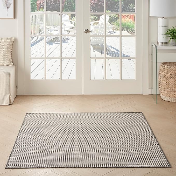 Nourison Courtyard Indoor/Outdoor Ivory/Charcoal 4' x Square Area Rug, Easy Cleaning, Non Shedding, Bed Room, Living Room, Dining Room, Backyard, Deck, Patio (4 Square)