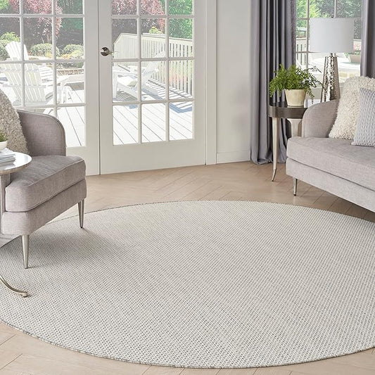 Nourison Courtyard Indoor/Outdoor Ivory/Silver 8' x Round Area Rug, Easy Cleaning, Non Shedding, Bed Room, Living Room, Dining Room, Backyard, Deck, Patio (8 Round)
