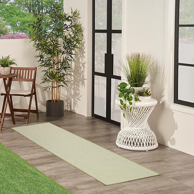 Nourison Courtyard Indoor/Outdoor Ivory Green 2'2" x 10' Area Rug, Easy Cleaning, Non Shedding, Bed Room, Living Room, Dining Room, Backyard, Deck, Patio (2x10)