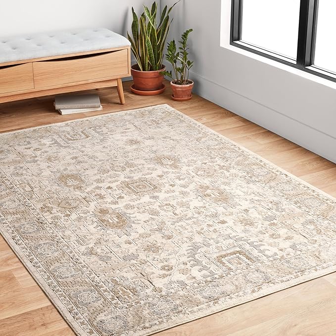 Loloi Teagan Collection 6'-7" x 9'-2" Area Rug in Ivory/Sand - Large, Soft Neutral Rug, High-Traffic Area Rug for Living Room, Bedroom, Home Office, Dining Area