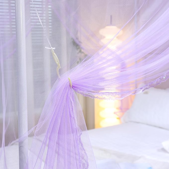 Bed Canopy, Princess Bed Curtain Net for Girls & Adults,Three-Doors Rectangle Lace Dome Netting (Purple, King)