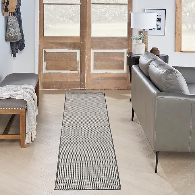 Nourison Courtyard 10' Runner Ivory Charcoal Fabric Modern Area Rug (10' Runner)