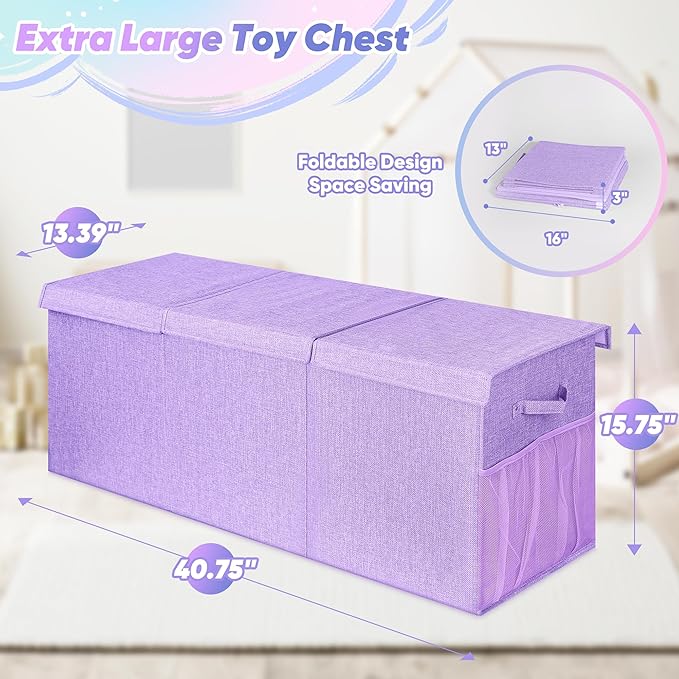 Extra Large Toy Box, Toy Box for Kids Boys Girls, Collapsible Sturdy Toy Storage Organizer with Mesh Pockets, 41"x14"x16" Kids Toy Chest Boxes Bins Baskets for Nursery, Playroom, Purple
