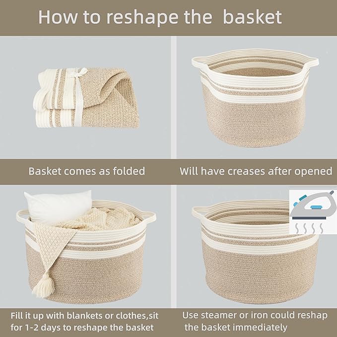 Large Cotton Rope Basket Blankets Basket Living Room 22"x14" Toy Basket for Kids Rope Storage Basket for Nursery Woven Laundry Basket for Clothes Towels Baby Toy Storage round white brown