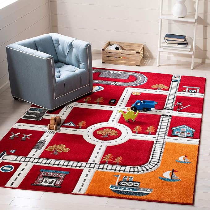 SAFAVIEH Carousel Kids Collection Area Rug - 5'3" Square, Red & Ivory, Non-Shedding & Easy Care, Ideal for High Traffic Areas for Boys & Girls in Playroom, Nursery, Bedroom (CRK192Q)