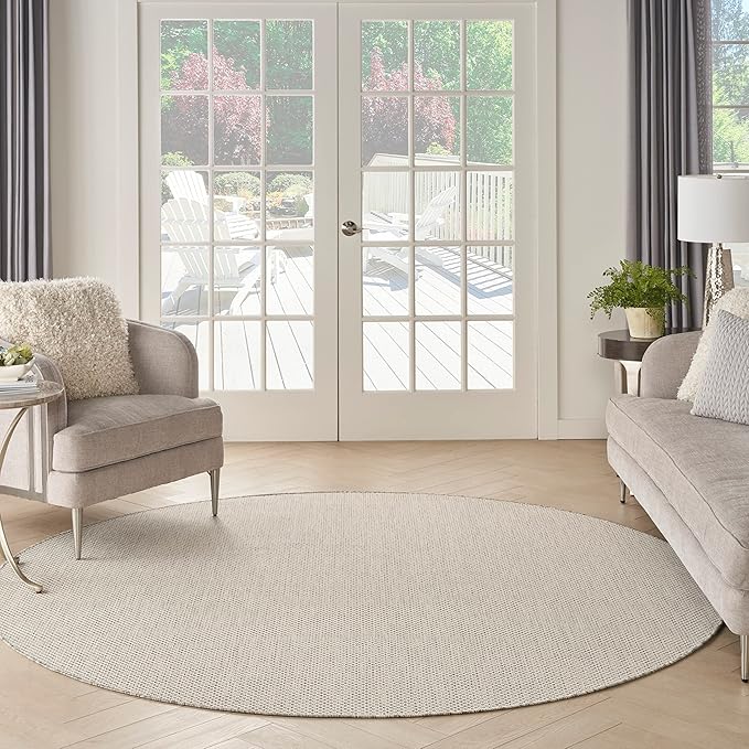 Nourison Courtyard Indoor/Outdoor Ivory/Silver 8' x Round Area Rug, Easy Cleaning, Non Shedding, Bed Room, Living Room, Dining Room, Backyard, Deck, Patio (8 Round)