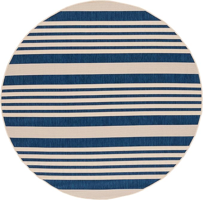 SAFAVIEH Courtyard Collection 6'7" Round Navy/Beige CY6062 Stripe Indoor/ Outside Waterproof Easy cleansingPatio Backyard Mudroom Area Mat