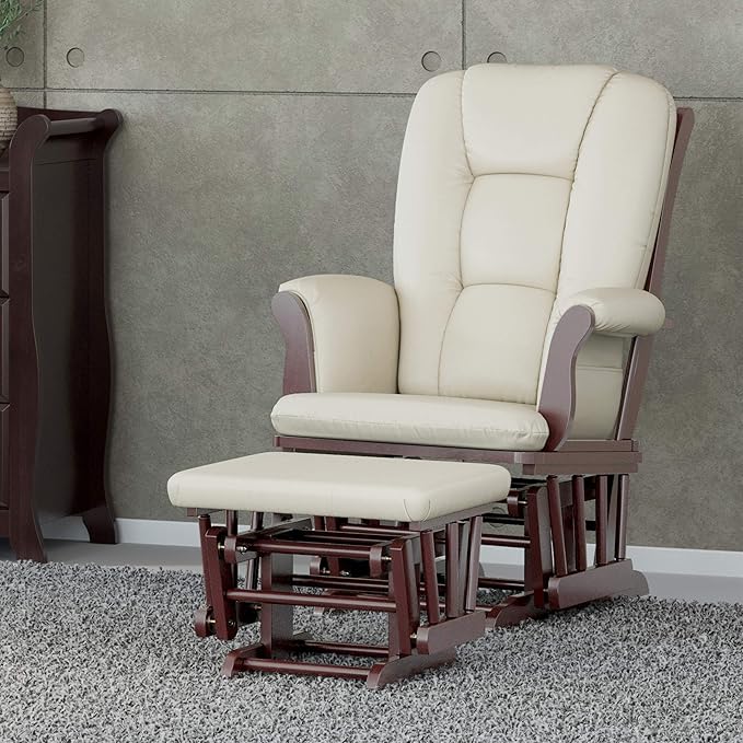 Storkcraft Tuscany Custom Glider and Ottoman with Free Lumbar Pillow (Espresso/Beige) - Cleanable Upholstered Comfort Rocking Nursery Chair with Ottoman