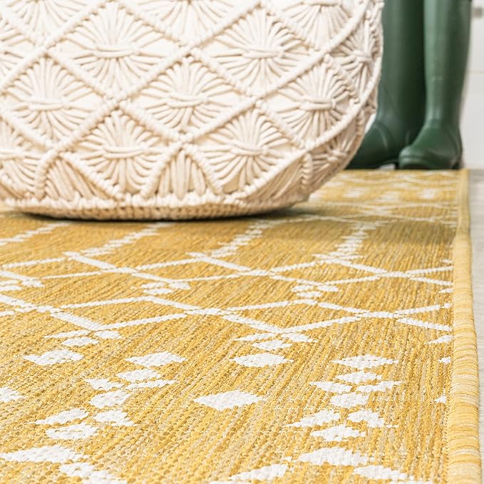 JONATHAN Y SMB108G-210 Ourika Moroccan Geometric Textured Weave Indoor Outdoor Runner Rug, Bohemian, Rustic, Scandinavian Easy-Clean,Bedroom,Kitchen,Backyard,Patio,Non Shedding, Yellow/Cream, 2 X 10
