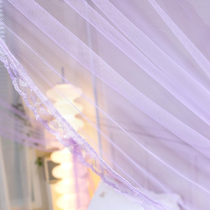 Bed Canopy, Princess Bed Curtain Net for Girls & Adults,Three-Doors Rectangle Lace Dome Netting (Purple, King)