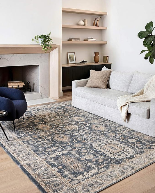 Loloi II Teagan Collection TEA-03 Denim/Pebble 2'-8" x 10'-6", .25" Thick, Runner Rug, Soft, Durable, Neutral, Woven, Low Pile, Non-Shedding, Easy Clean, Living Room Rug