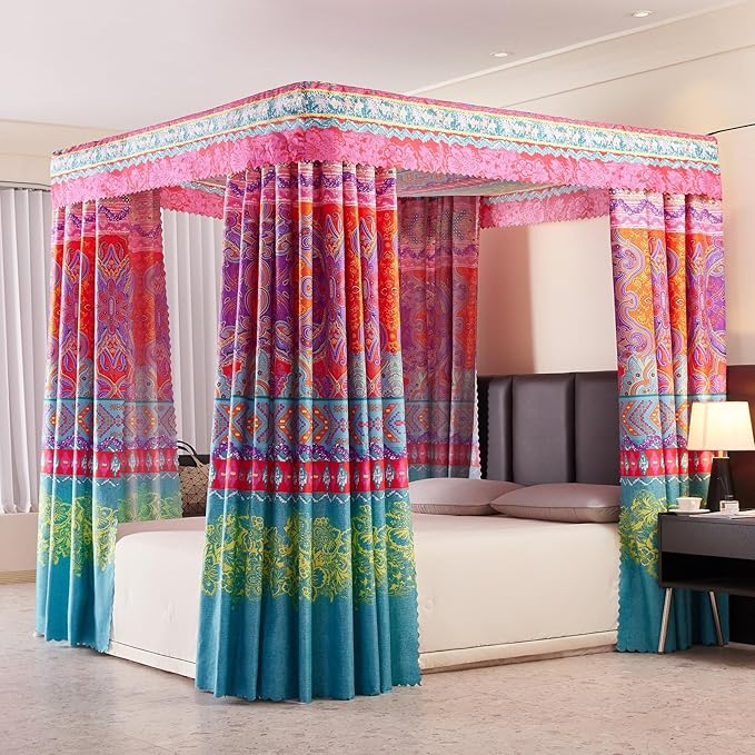 Canopy Bed Curtains 4 Corners Post Bed Canopy Curtains Queen Bed Curtain Drapes Bed Canopy for Adults & Girls Bedroom Decoration (Queen)