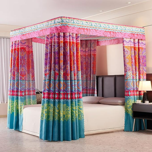 Canopy Bed Curtains 4 Corners Post Bed Canopy Curtains Queen Bed Curtain Drapes Bed Canopy for Adults & Girls Bedroom Decoration (Queen)