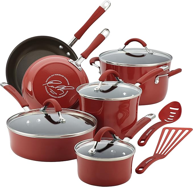Rachael Ray Cucina Nonstick Cookware Pots and Pans Set, 12 Piece, Cranberry Red & Nonstick Bakeware Set with Grips, Nonstick Cookie Sheets/Baking Sheets - 3 Piece, Gray with Orange Grips