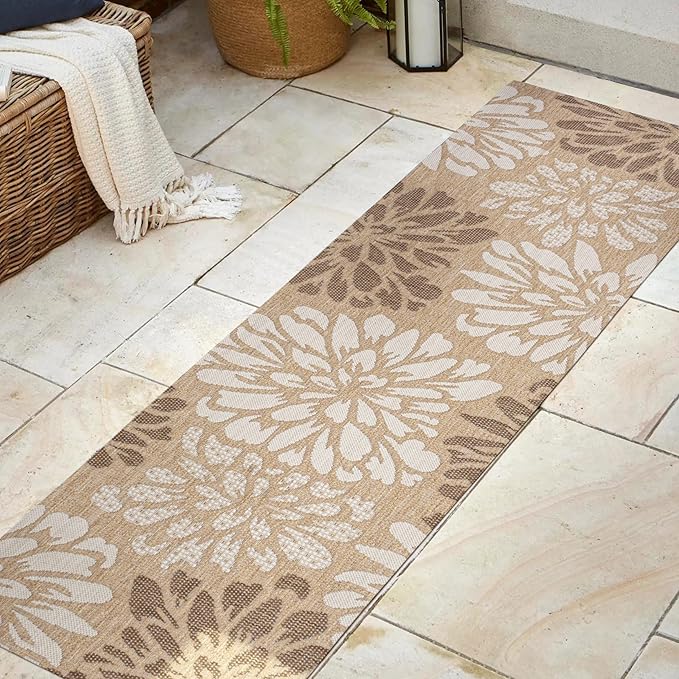 JONATHAN Y SMB110I-28 Zinnia Modern Floral Textured Weave Indoor Outdoor Runner Rug, Bohemian Coastal Mediterranean Easy Cleaning,Bedroom,Kitchen,Backyard,Patio,Non Shedding, Brown/Cream, 2 X 8