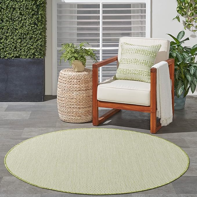 Nourison Courtyard Indoor/Outdoor Ivory Green 4' x Round Area Rug, Easy Cleaning, Non Shedding, Bed Room, Living Room, Dining Room, Backyard, Deck, Patio (4 Round)