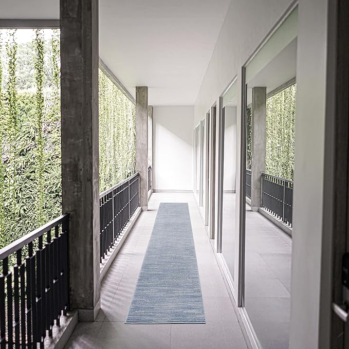 Nourison Essentials Solid Indoor/Outdoor Blue/Grey 2'2" x 14 Area Rug, Easy Cleaning, Non Shedding, Bed Room, Living Room, Dining Room, Deck, Patio, Backyard (2x14)