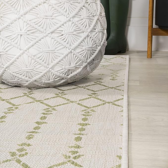 JONATHAN Y SMB108M-5SQ Ourika Moroccan Geometric Textured Weave Indoor Outdoor Area Rug, Coastal,Traditional,Transitional Easy Clean,Bedroom,Kitchen,Backyard,Patio, Non-Shed, Cream/Green, 5' Square