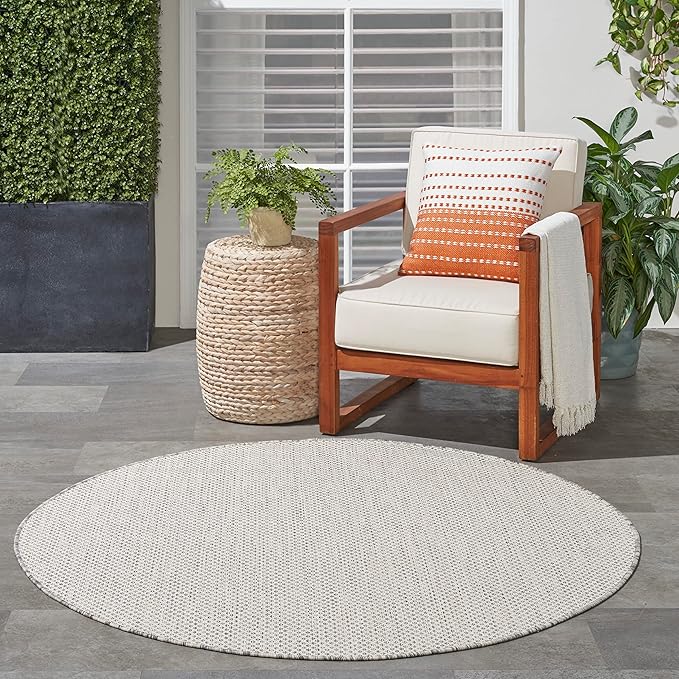 Nourison Courtyard Indoor/Outdoor Ivory/Silver 4' x Round Area Rug, Easy Cleaning, Non Shedding, Bed Room, Living Room, Dining Room, Backyard, Deck, Patio (4 Round)