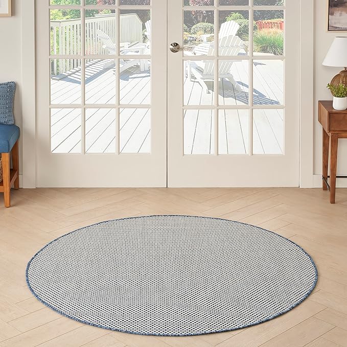 Nourison Courtyard Indoor/Outdoor Ivory Blue 4' x Round Area Rug, Easy Cleaning, Non Shedding, Bed Room, Living Room, Dining Room, Backyard, Deck, Patio (4 Round)