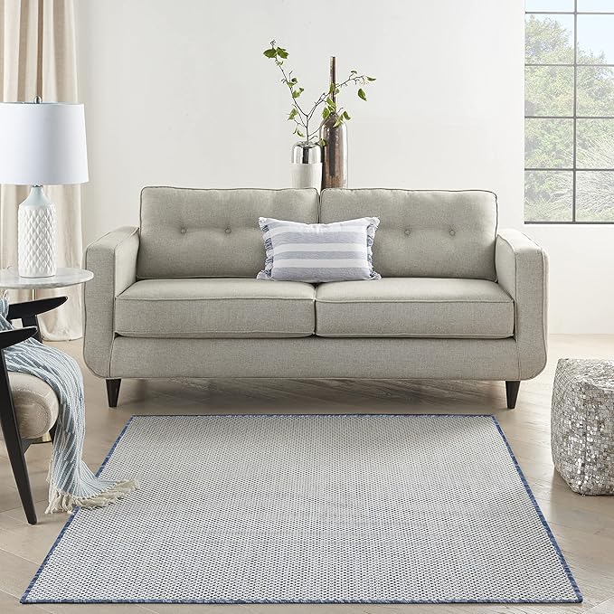Nourison Courtyard Indoor/Outdoor Ivory Blue 6' x 9' Area Rug, Geometric, Easy Cleaning, Non Shedding, Bed Room, Living Room, Dining Room, Deck, Patio, Backyard (6x9)