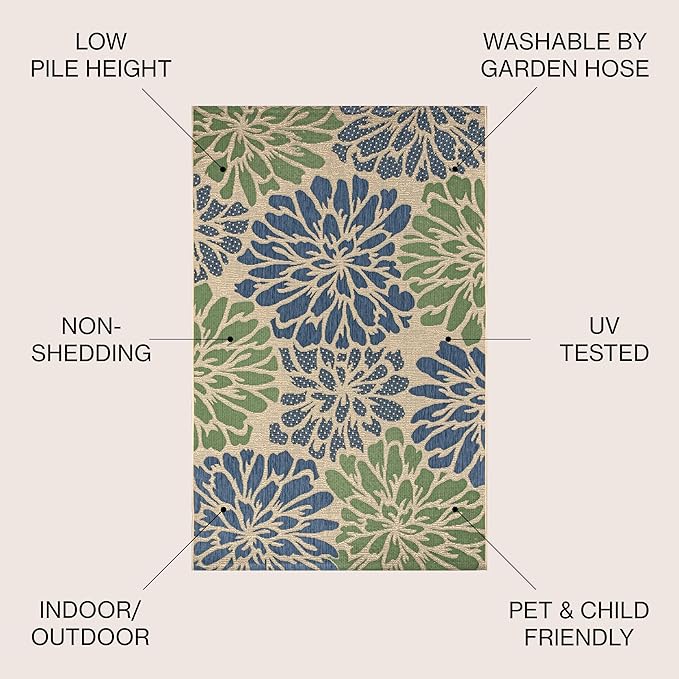 JONATHAN Y SMB110B-8 Zinnia Modern Floral Textured Weave Indoor Outdoor Area-Rug Bohemian Coastal Easy-Cleaning Bedroom Kitchen Backyard Patio Non Shedding, 8 X 10, Navy/Green