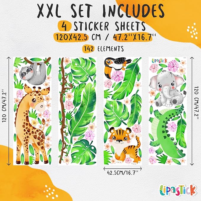 Large Safari Animal Wall Decals for Kids by Lipastick - 142 pcs Jungle Animal Wall Stickers for Kids Baby Girl Boy Room - Creative Nursery Vinyl Wall Decal - Elephant Giraffe Crocodile Parrot XXL Size