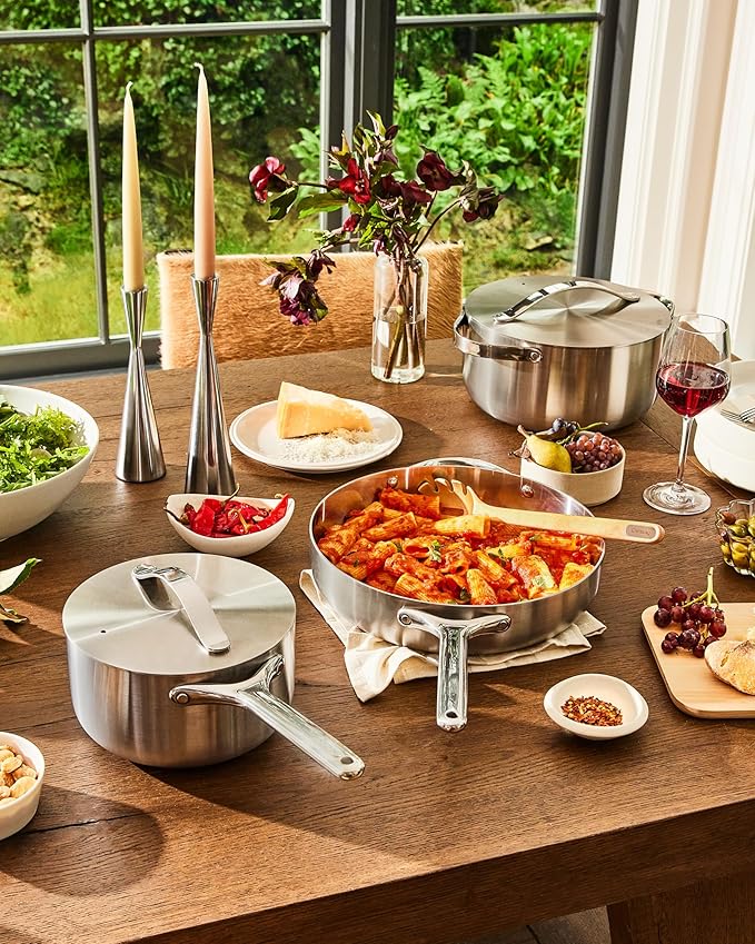 Caraway Stainless Steel Cookware Set (4 Piece) - 5-Ply Stainless Steel Pots & Pans - Includes Fry Pan, Sauce Pan, Sauté Pan, Dutch Oven, 3 Lids & Storage - Non Toxic, PTFE & PFOA Free