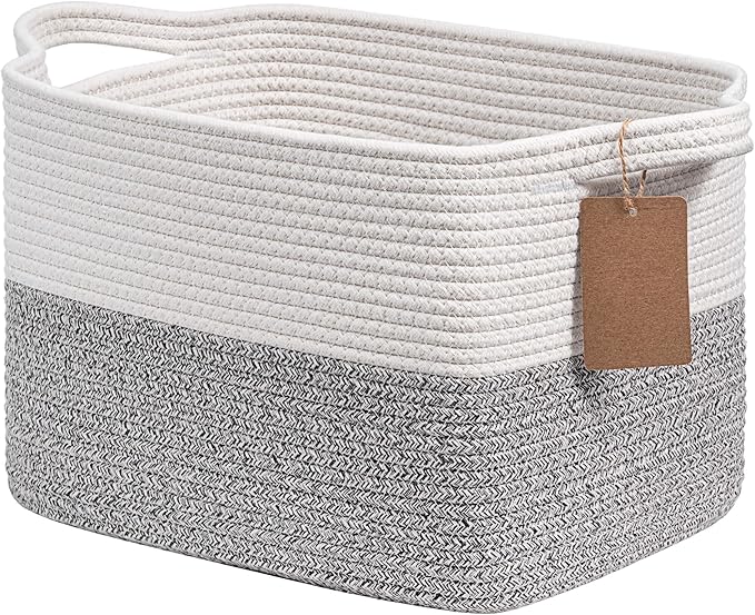 Goodpick Woven Storage Basket for Shelves, Small Laundry Basket for Cloth Towel Shoe, Empty Gift Basket with Handles, Grey and White Square Basket, 13 x 10 x 9 Inches
